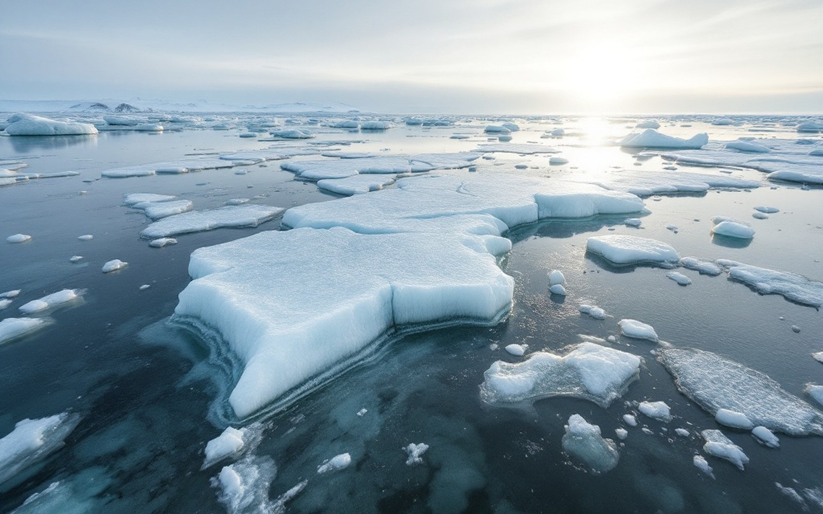 Broken ice pans on grey water, low light