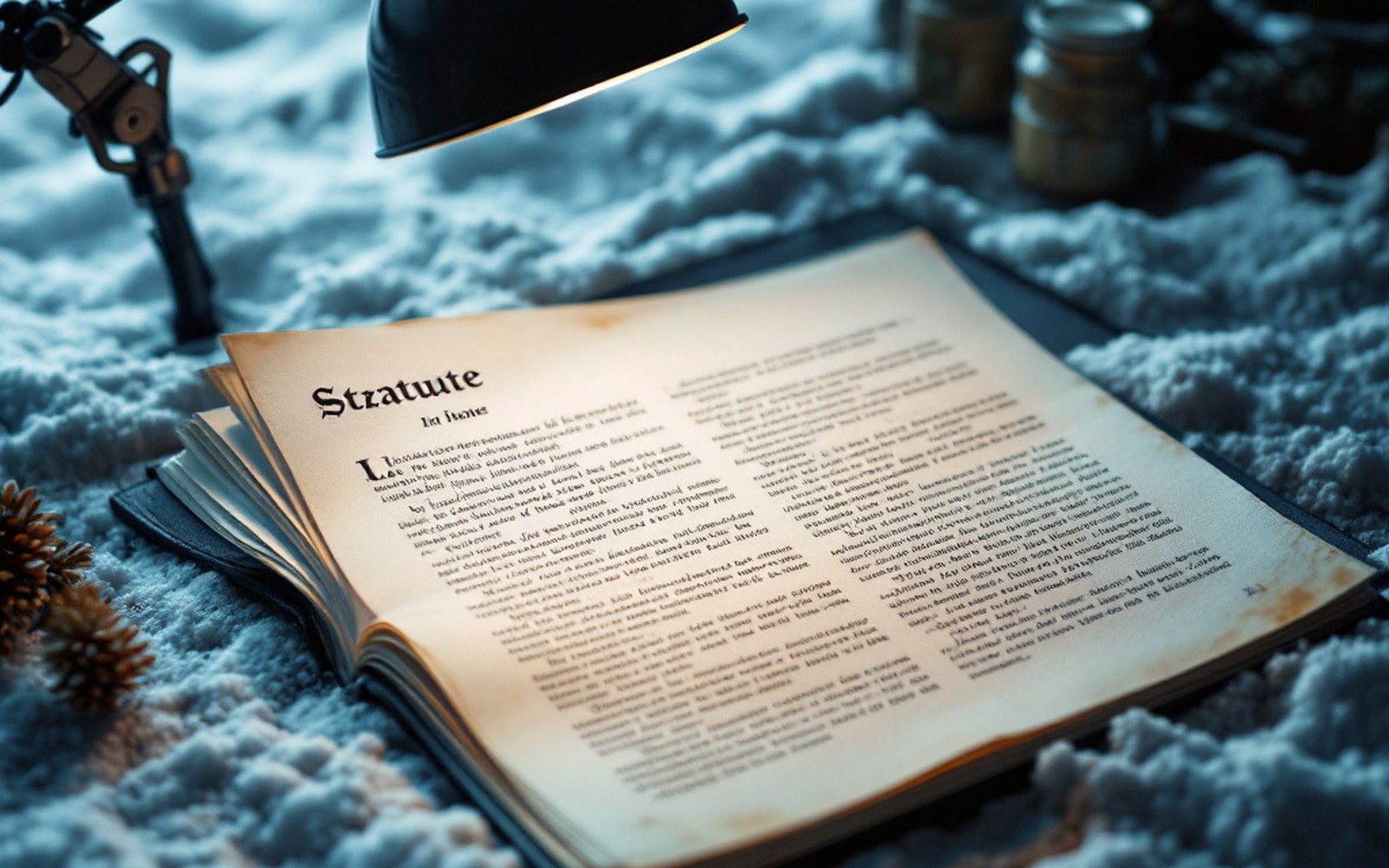A printed statute page under a desk lamp, macro