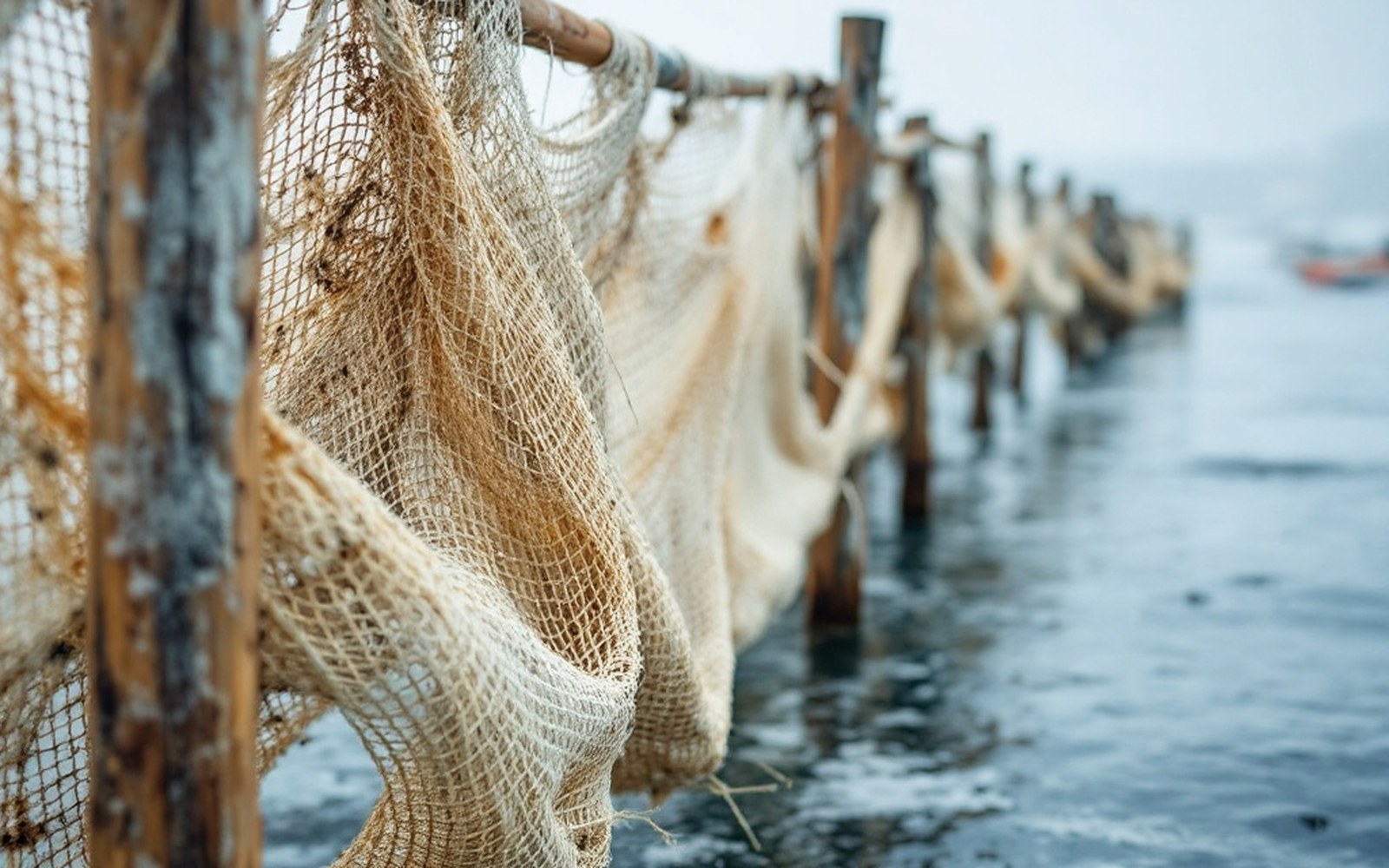 A net drying on a wooden frame by water