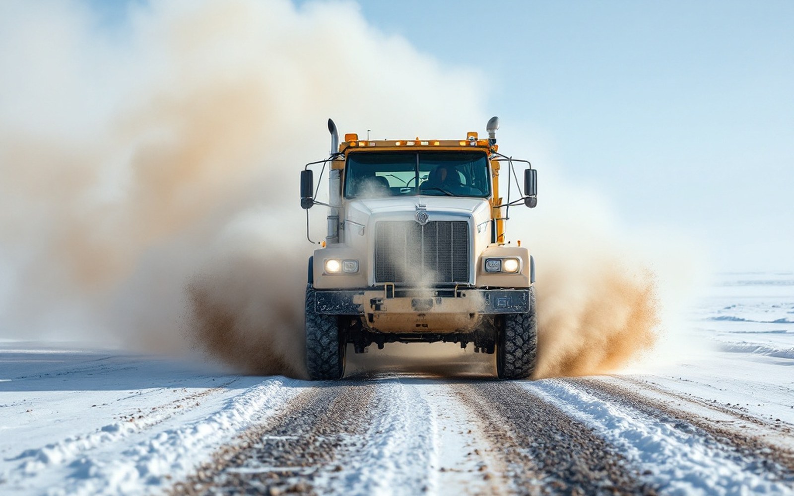 A dust plume behind a vehicle on gravel, distant