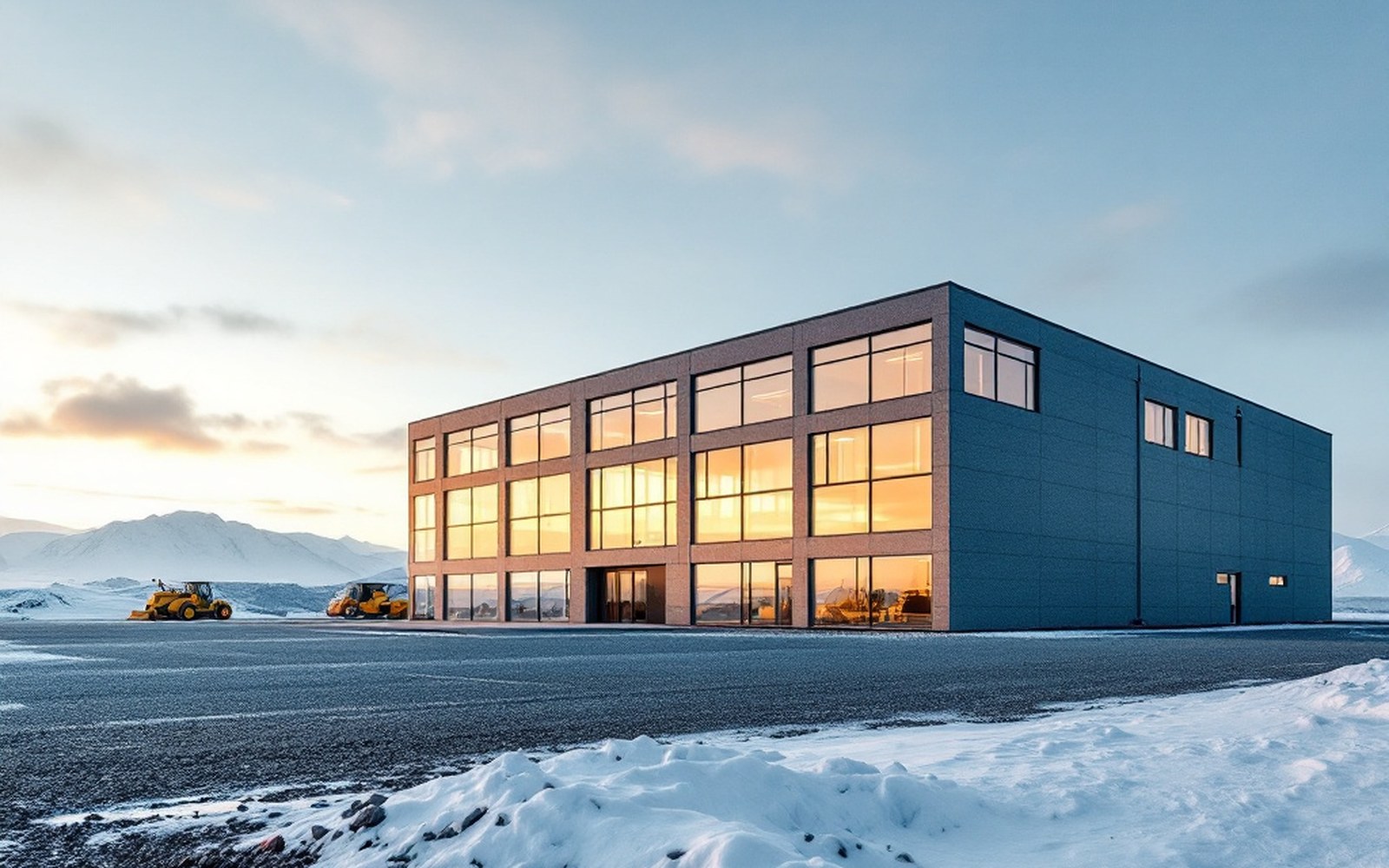 A corporate office building on a gravel pad