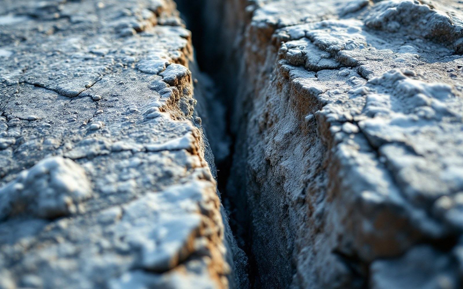 A clean vertical fracture through dry bedrock with the two faces offset, macro, hard raking light, no ice and no snow