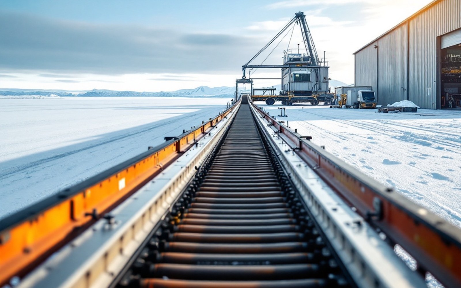 A conveyor gallery running to a storage building