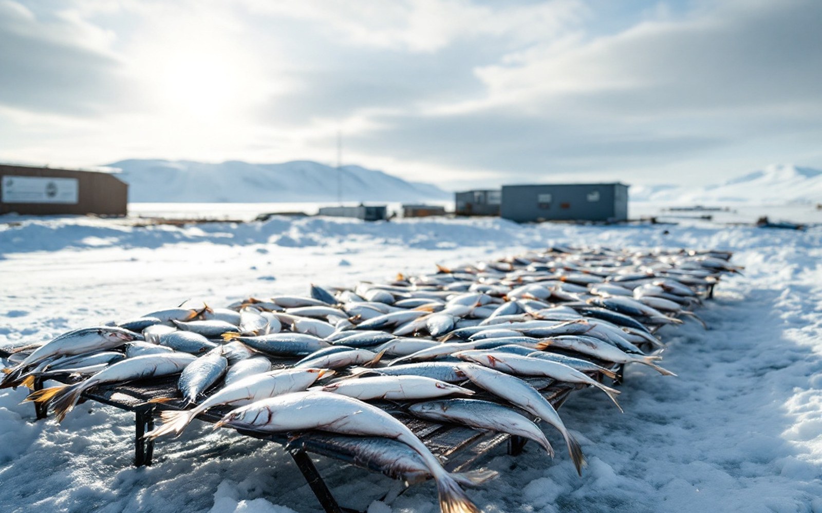 A drying rack of split fish under open sky