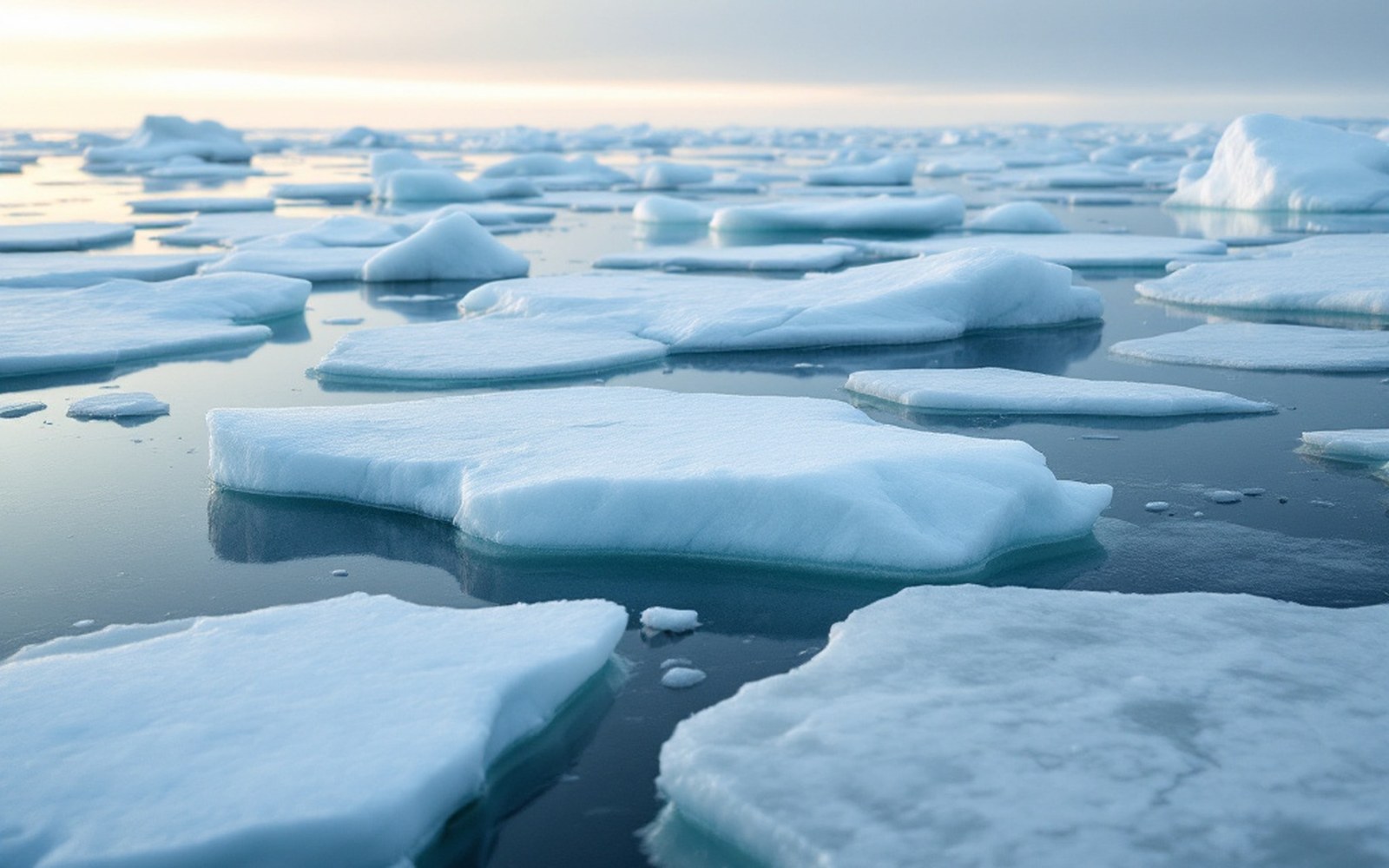 Broken ice pans on grey water, flat light