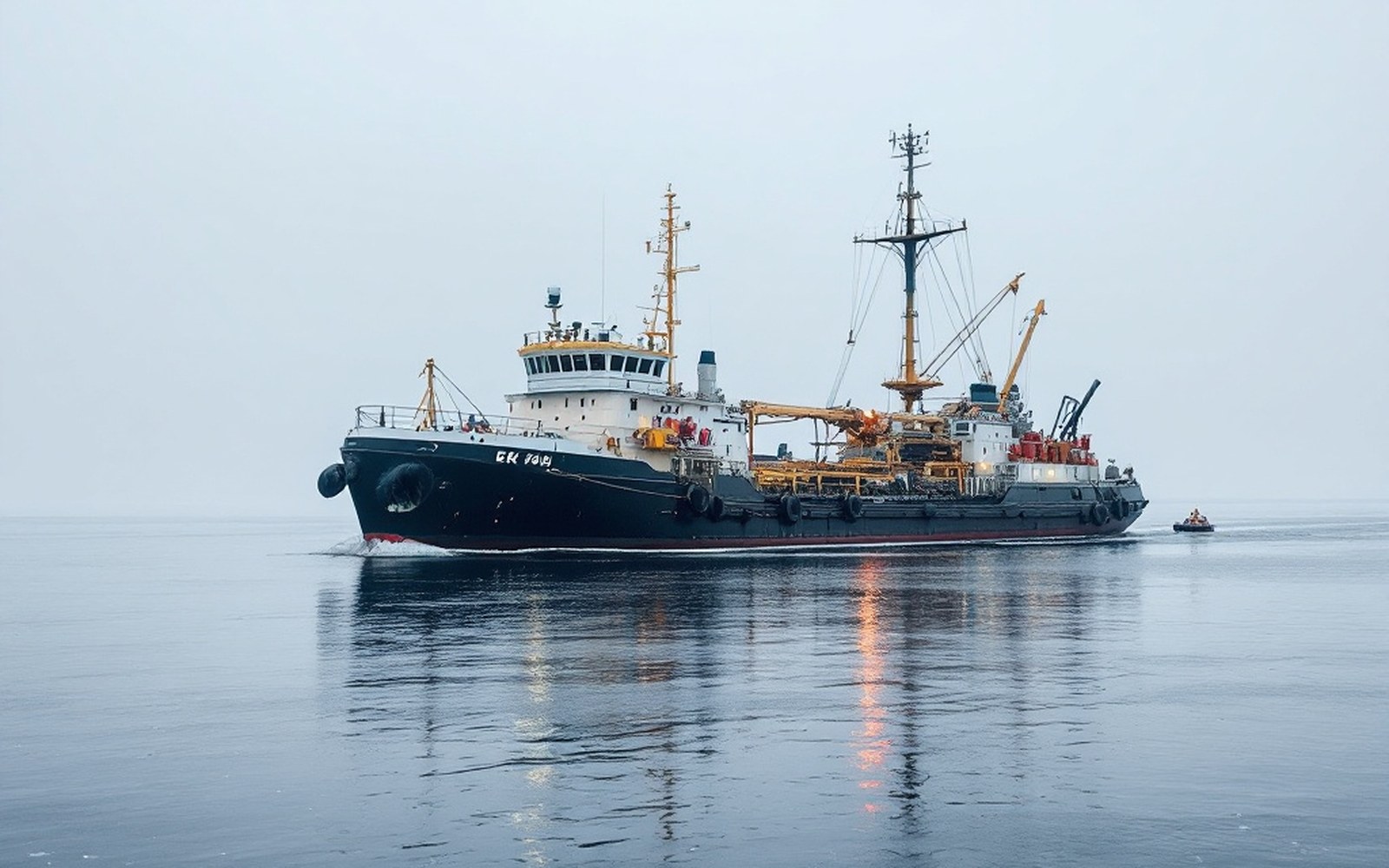 A moored barge against a grey sea, flat light