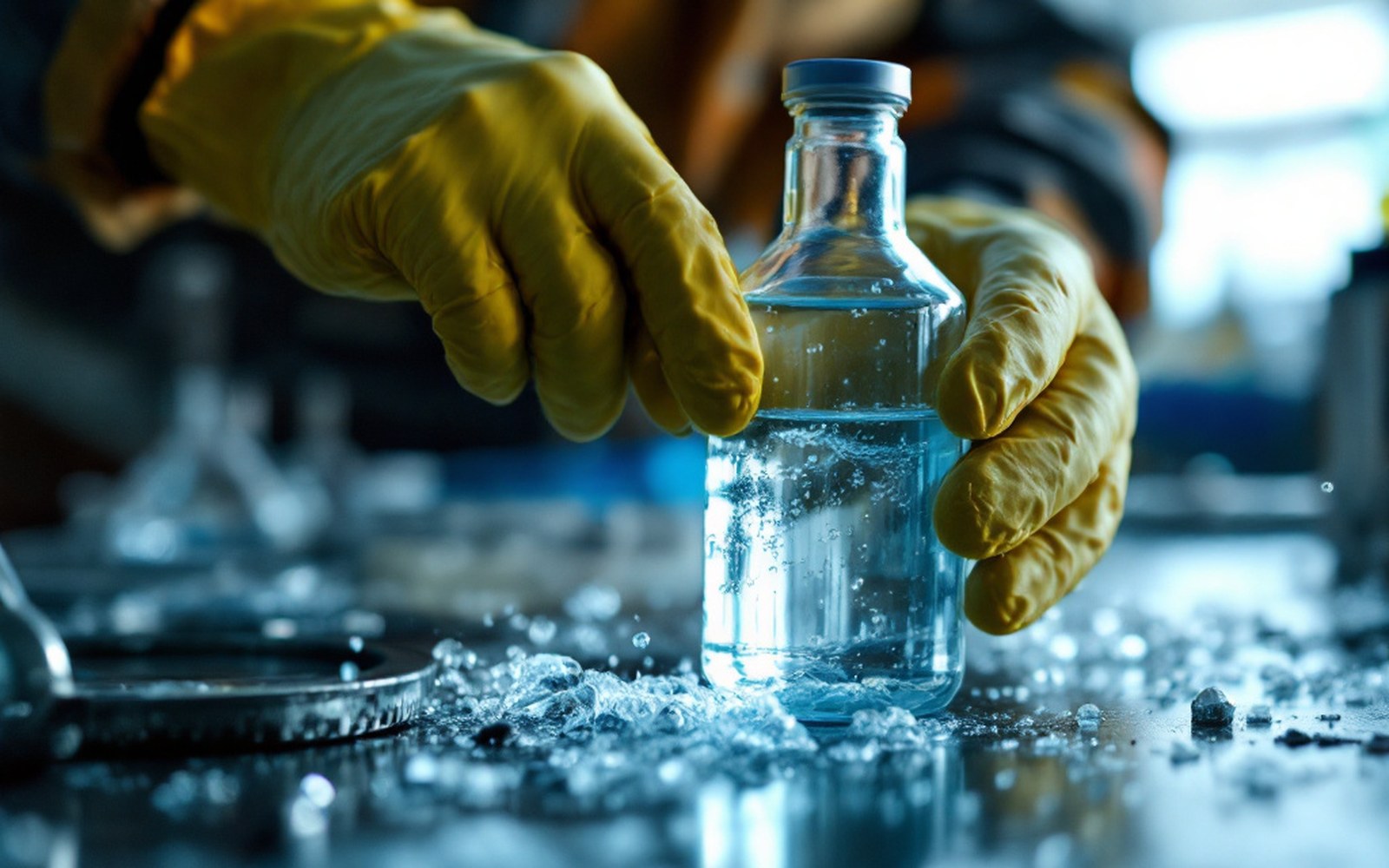 A gloved hand holding a glass vial of river water over a metal bench